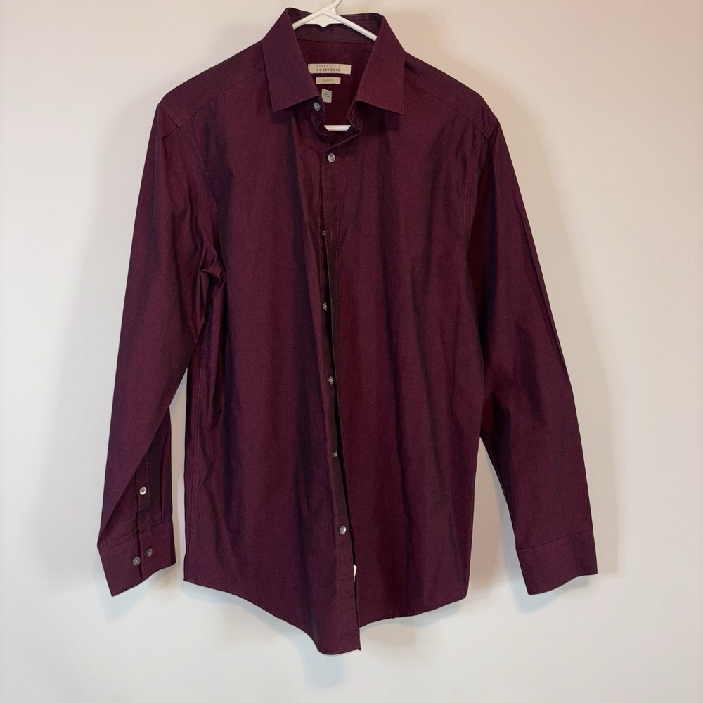 Perry Ellis Portfolio Mens Dress Shirt L 15.5 32/33 Slim Fit Red Burgundy Cotto - Picture 2 of 8